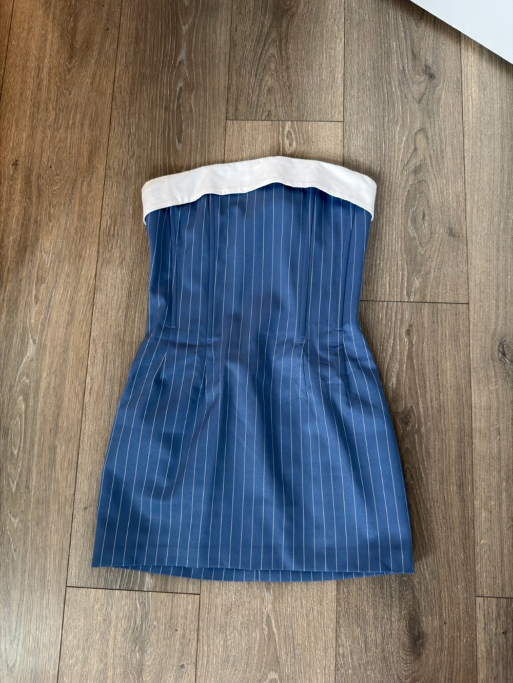 Strapless Navy Pinstripe Mini Dress with White Trim